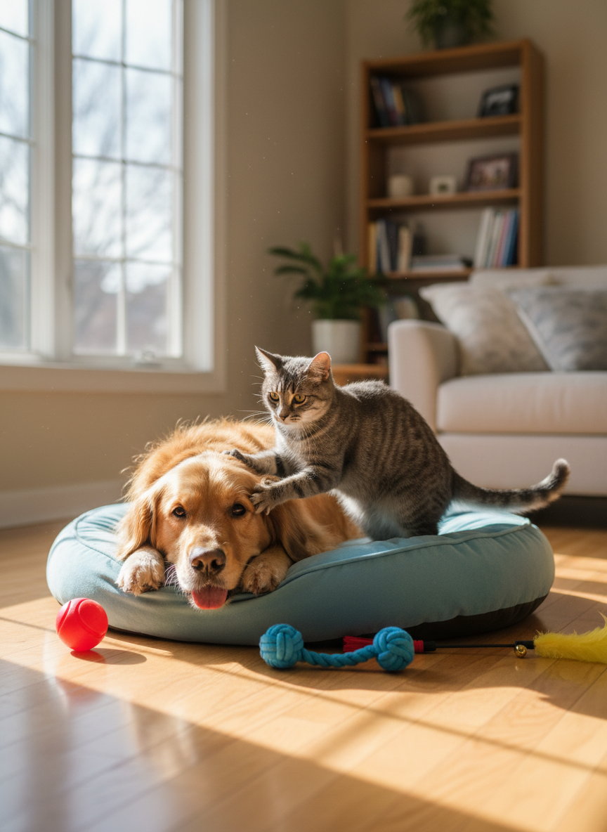 A cheerful golden retriever and a mischievous gray tabby cat relaxing together on a soft, sky-blue dog bed in a bright living room, captured in photographic realism. The retriever’s fur looks fluffy and well-groomed, and the cat’s whiskers and stripes are crisp in detail. Sunlight from a large window creates a warm, late-morning glow, highlighting fur textures and casting gentle shadows on the light hardwood floor. Colorful pet toys—rubber balls, a rope tug, and a feather wand—are scattered nearby. Shot at eye level with a shallow depth of field, the background softly blurred, the mood feels playful, safe, and welcoming, evoking a trusted, loving pet care environment in the DMV area.