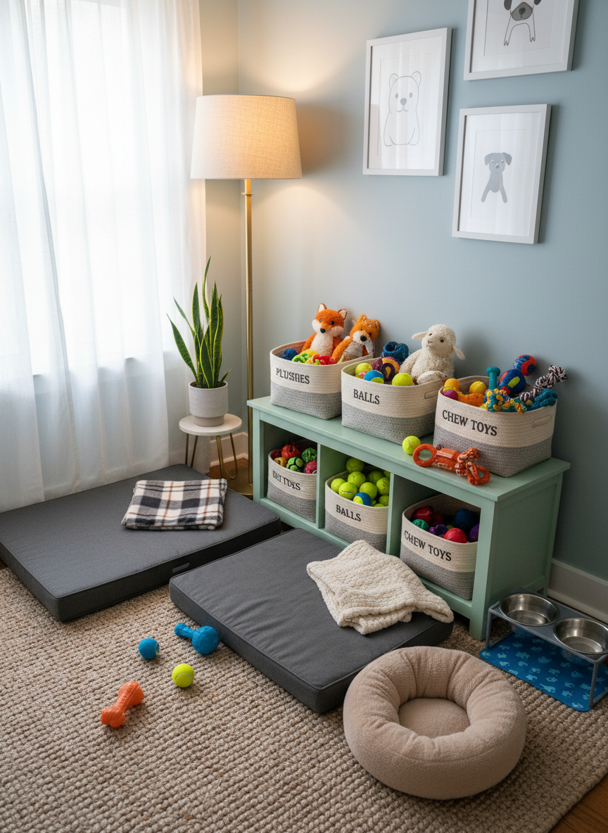 A charming, dog-friendly corner of a small DMV townhouse living room prepared for day care, rendered in photographic realism. A low, mint-green storage unit holds labeled baskets of toys: squeaky plushies, tennis balls, and chew toys, all slightly spilling out to show abundance. In front, two different-sized dog beds—one charcoal gray, one soft beige—sit on a textured woven rug, each with neatly folded blankets. A water station with a raised stainless steel bowl stand and a matching food bowl rests on a small, easy-to-clean mat. Warm ambient light from a floor lamp combines with soft window light, creating a cozy, inviting glow. Captured from a slightly elevated corner angle, the mood is homey, safe, and playfully stylish, ideal for showcasing in-home dog day care services.