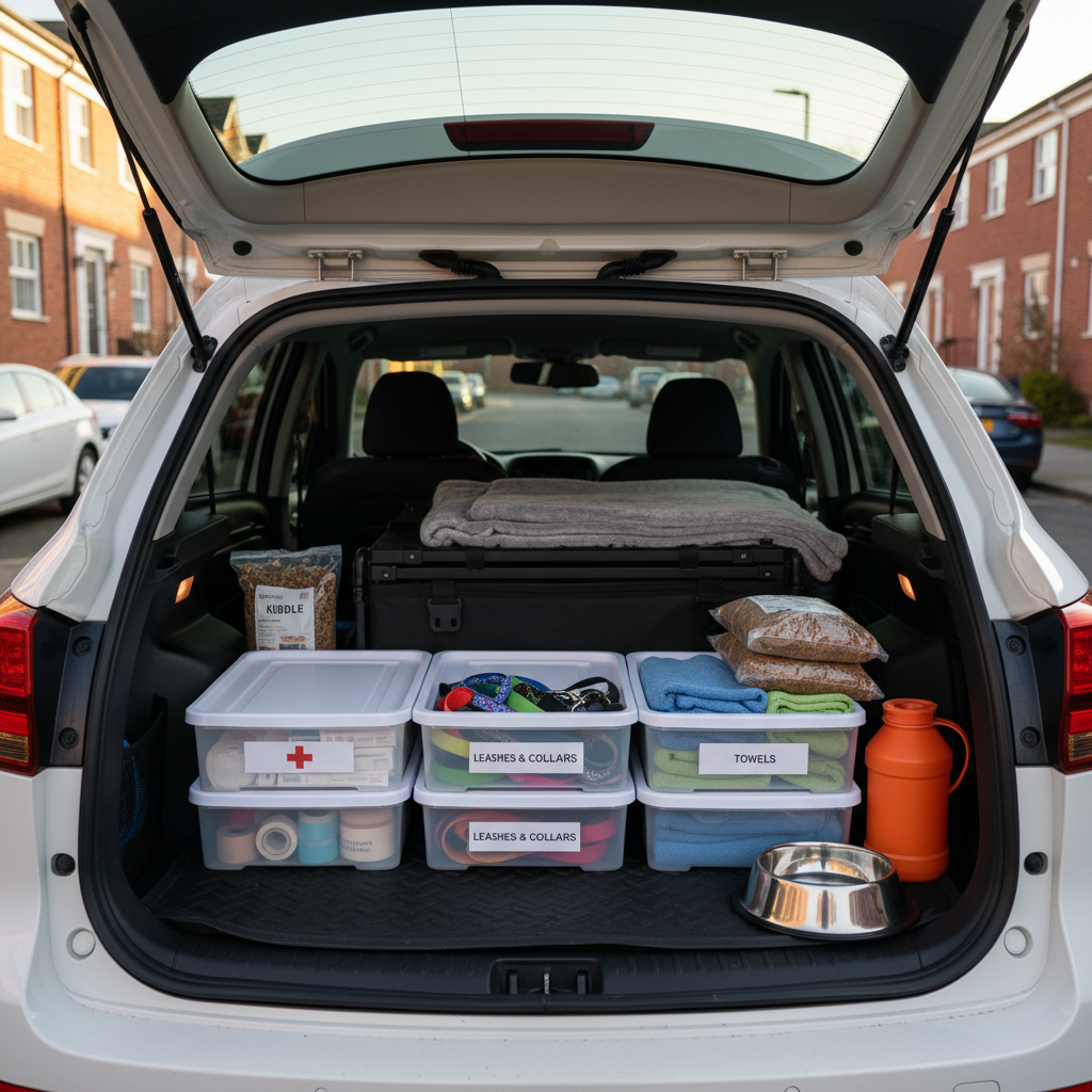 An organized mobile pet care setup displayed in the open trunk of a compact SUV parked on a quiet residential street, shown in realistic photographic style. Inside, neat storage bins hold labeled items: first-aid supplies, extra leashes, towels, a portable crate, and sealed bags of kibble. A stainless steel water bowl and a bright orange travel water jug sit at the edge of the trunk, ready for use. The car’s interior is clean and practical, with a rubber mat and a folded blanket. Soft late-afternoon light reflects off nearby parked cars and brick townhouses, creating a warm but professional atmosphere. Shot from a straight-on angle with moderate depth of field, the composition underscores dependability, preparedness, and safety for pet transport and drop-in care.