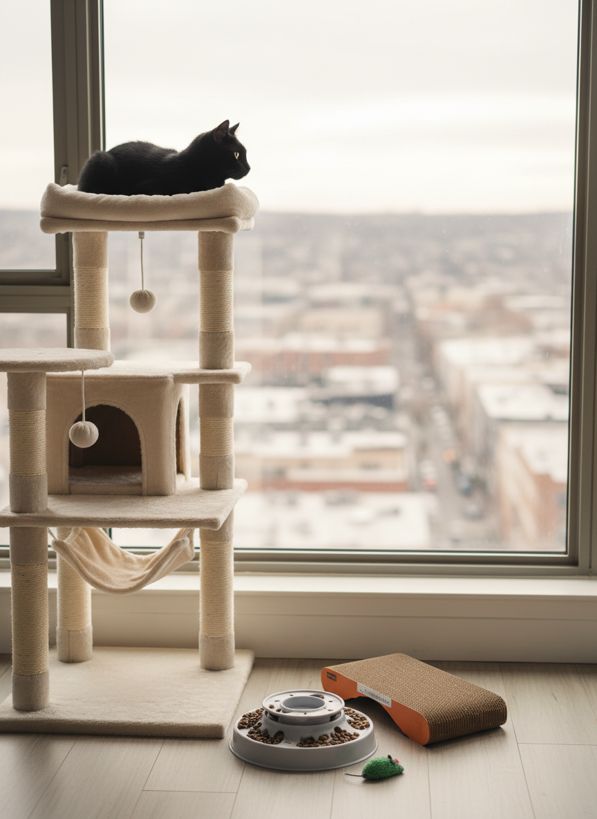 A cozy indoor cat-sitting environment set up near a large apartment window overlooking a softly blurred cityscape, captured in photographic realism. A plush, cream-colored cat tree with multiple platforms and a hammock stands in the foreground, a sleek black cat lounging near the top platform and gazing out. Nearby, a puzzle feeder, a scratching board, and a small catnip mouse lie on a pale wood floor, adding texture and interest. Natural overcast light diffuses evenly through the glass, creating a calm, gentle glow with soft shadows. Shot at eye level with the cat tree positioned on the rule of thirds, the composition feels serene, attentive, and nurturing, emphasizing thoughtful, in-home care for urban cats in the DMV region.