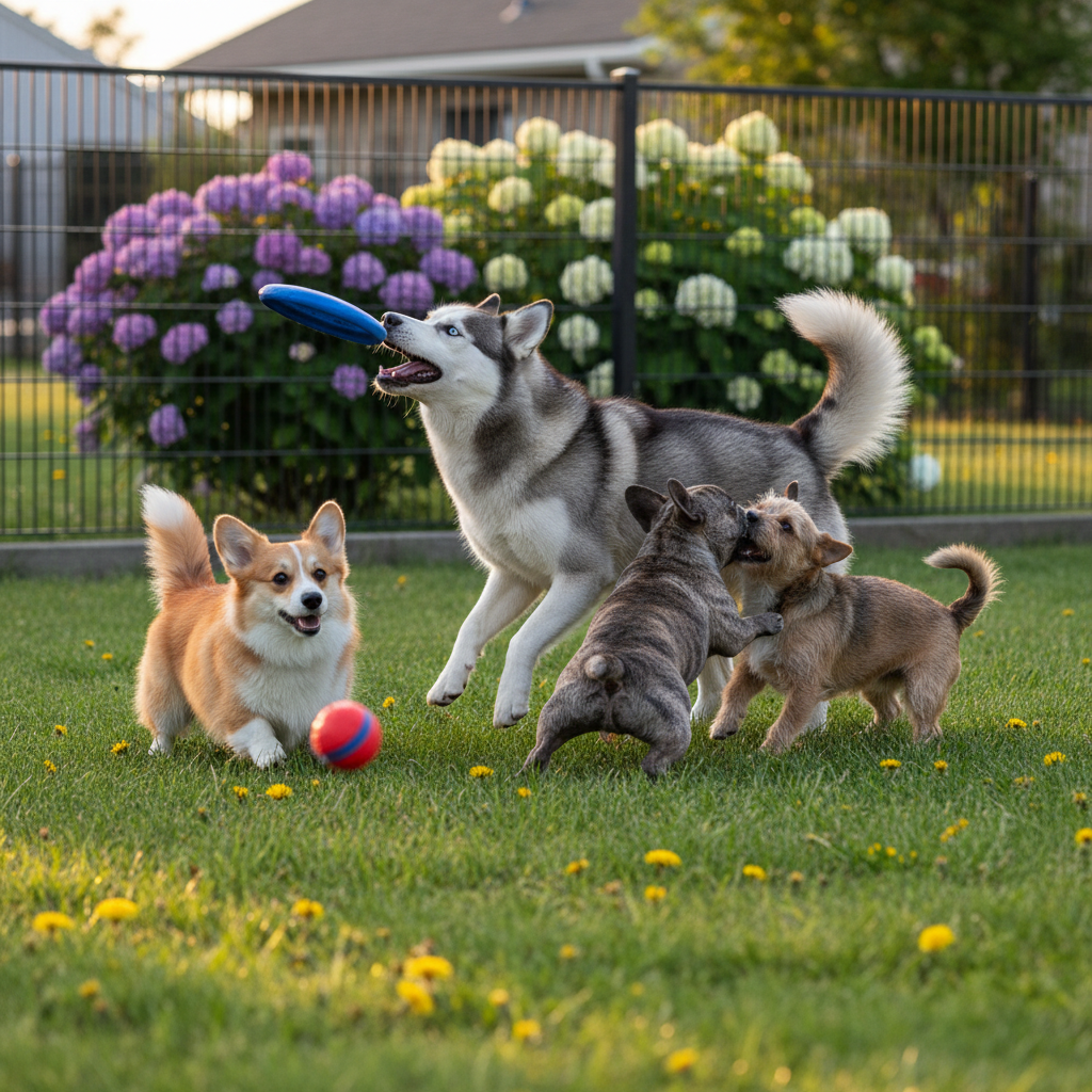 A joyful scene of several different dog breeds—corgi, husky, French bulldog, and a small mixed-breed—playing together in a securely fenced, grassy suburban yard, rendered in vibrant photographic realism. The grass is lush and green with a few scattered yellow dandelions, and colorful toys like a frisbee and rubber ball are mid-action in the frame. A sturdy, modern dog-safe fence lines the background with blooming shrubs beyond. Golden hour sunlight bathes the scene in a warm glow, creating dynamic highlights on fur and long, playful shadows on the lawn. Captured from a low, slightly wide-angle perspective at dog height, with some motion blur on wagging tails, the mood is energetic, friendly, and carefree, ideal for illustrating group play and doggy day care services.
